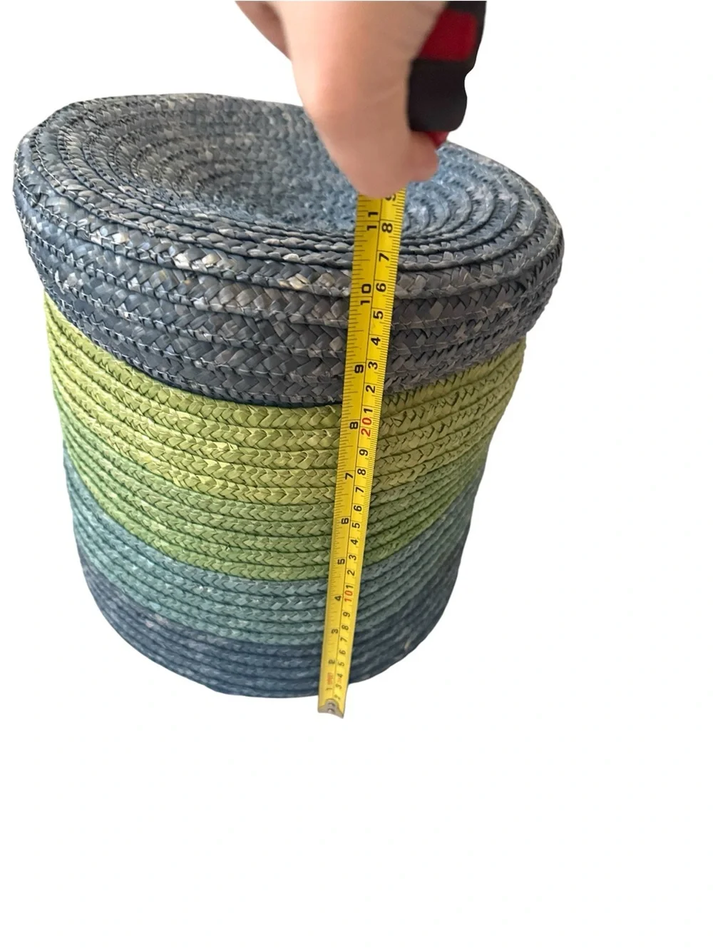 Blue Green Wicker Storage Basket with Lid Ombré Stripes 10x10x10in